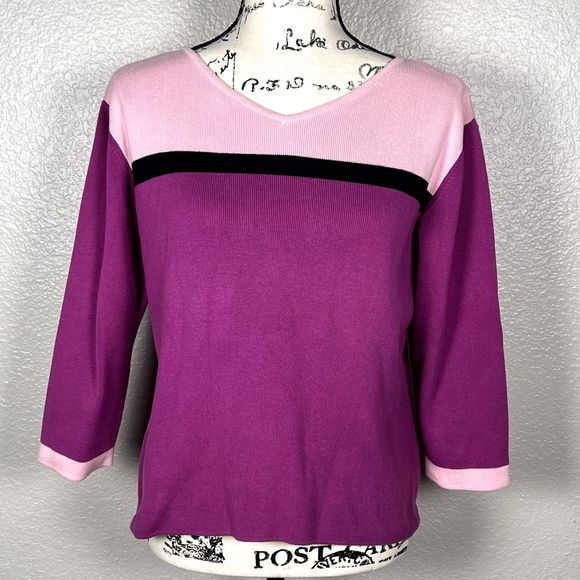 Harold's Sweaters - Harold's Sz L Hand-Framed Color Block Sweater 100% Cotton Knit 3/4 Sleeves Pink